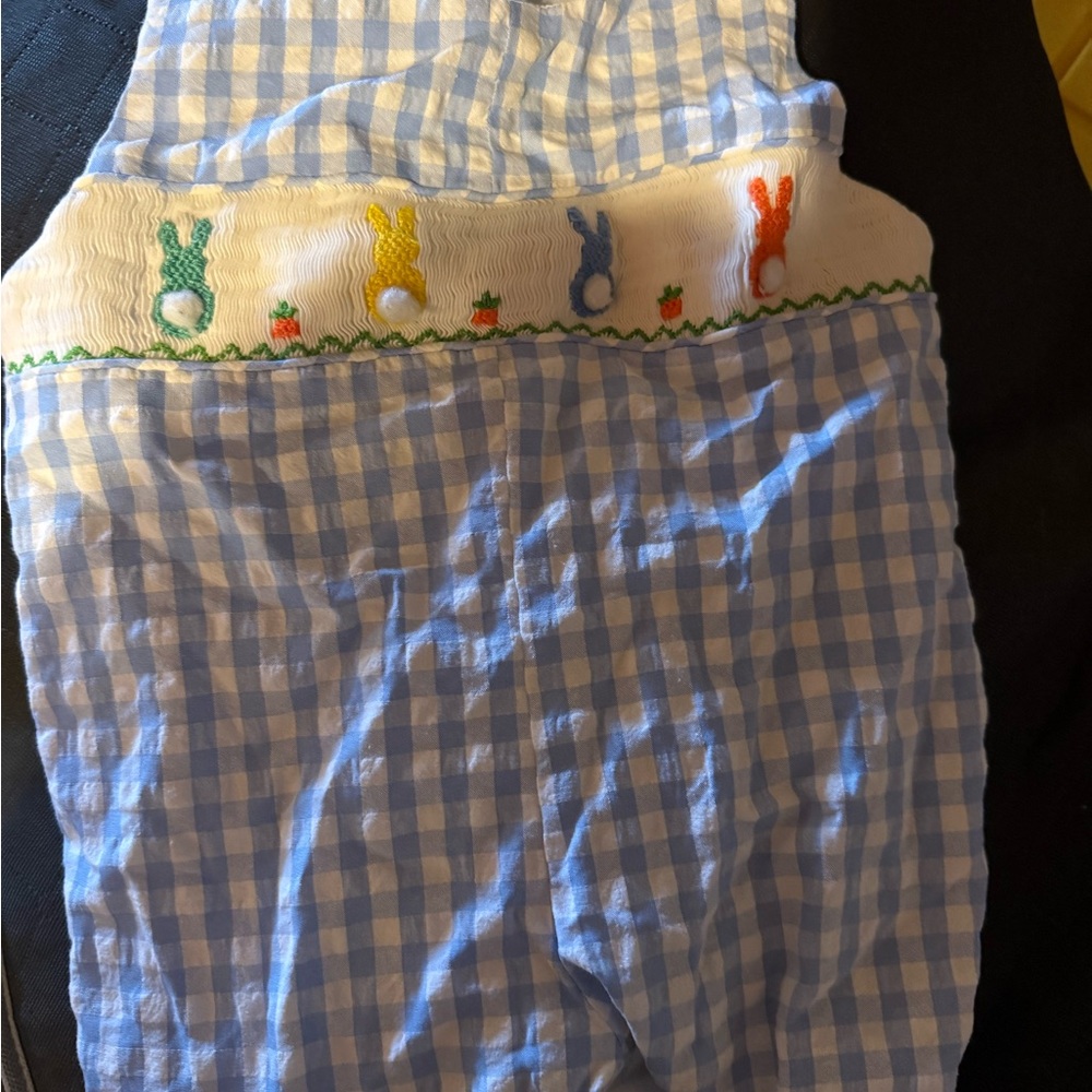 Blue Gingham Kids One-Piece with Embroidered Bunnies